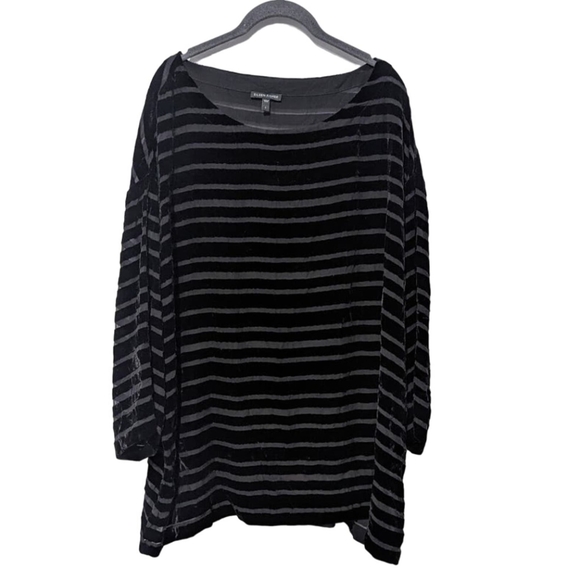 Eileen Fisher Velvet Burnout Stripe Longline Tunic Blouse Black Silk Blend - Picture 1 of 6